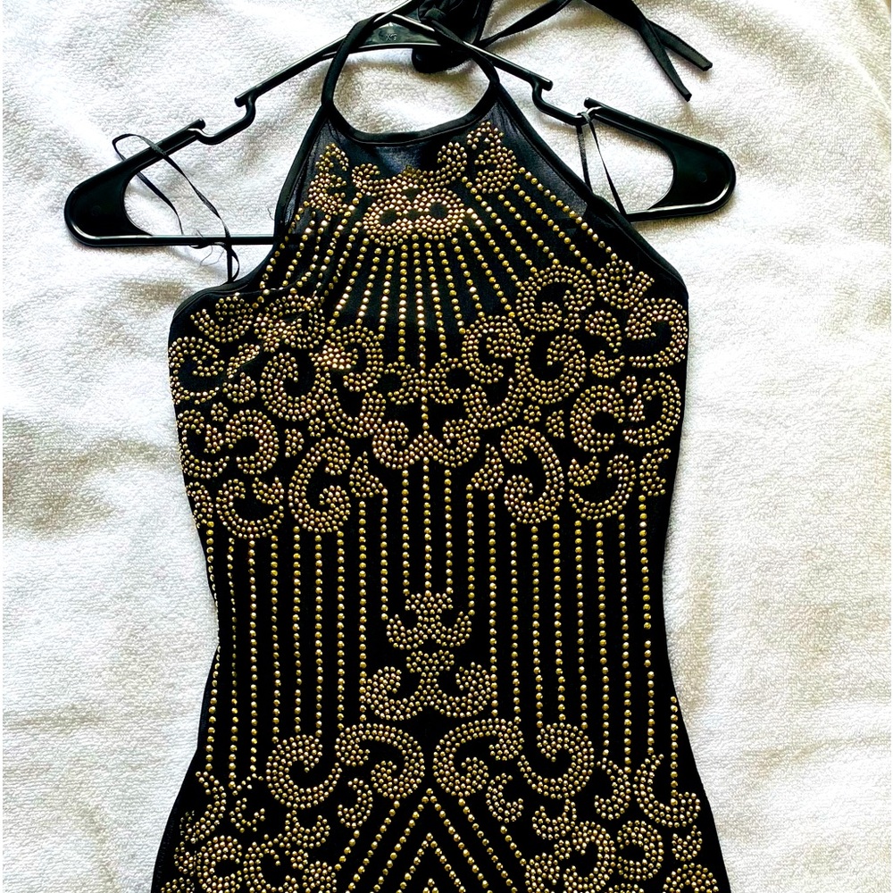 Black and gold mini halter dress. Perfect club dress.
